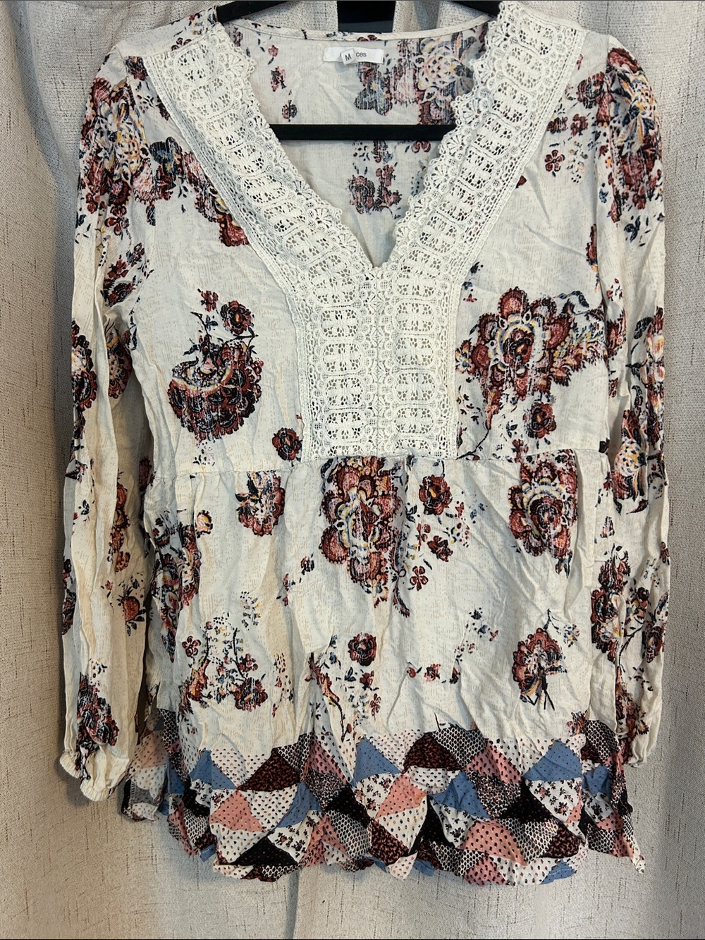 Maurices Cream Crochet-Trim Floral Tunic with Patchwork Hem